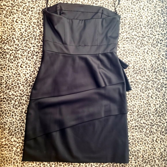 WHBM Black Satin Strapless Lined Tiered Ruffle Mini Dress, Size 8, EUC - Picture 7 of 16